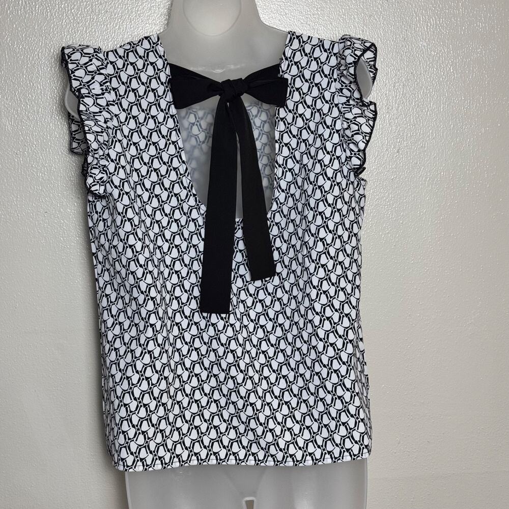 Emery Rose Flutter Sleeve Blouse Tie Back Geometric Print Business Casual